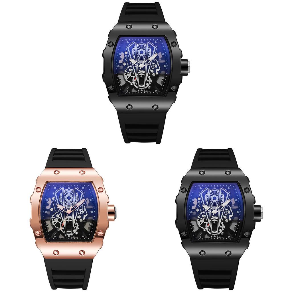 Hollow Richard Wine Barrel Shape Quartz Watch For Men Business Calendar Silicone Strap