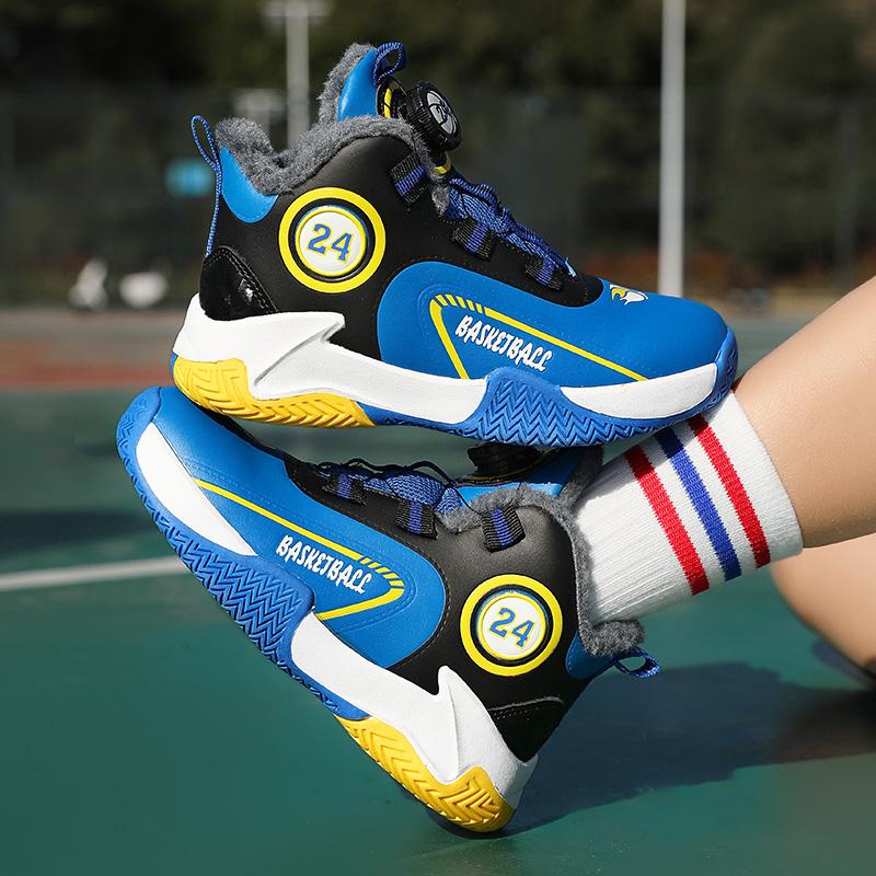 Autumn/Winter Warm Boys' Leather Rotating Buckle Basketball Shoes with Velvet, Children's Sports Professional Basketball Shoes