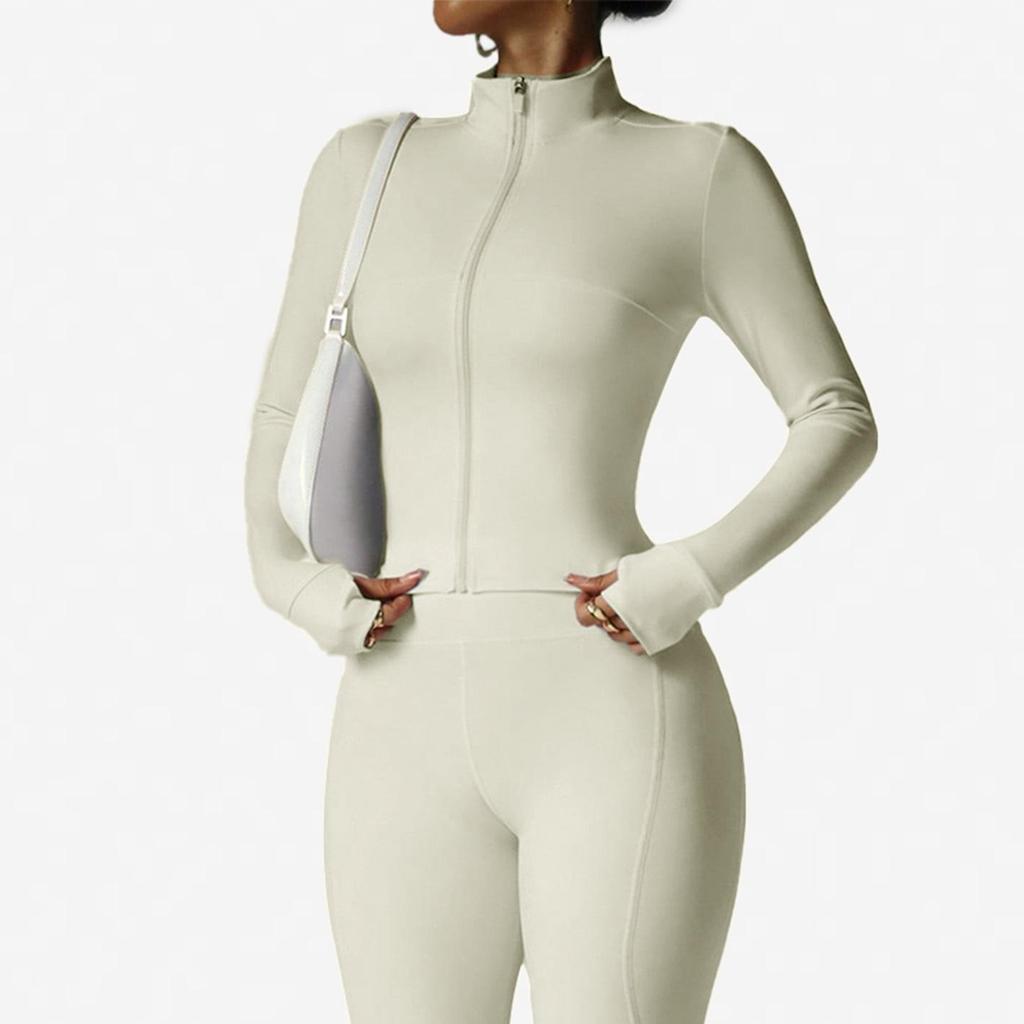 Waist-Cinching Yoga Set: Long-Sleeve Jacket & Butt-Lifting Micro-Flare Pants - Women's Sportswear for Autumn/Winter.