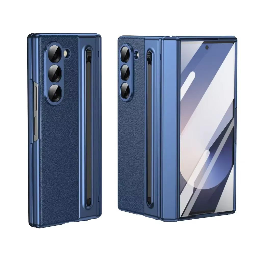 Luxury Plating Matte AG Pen Slot Leather Case For Samsung Galaxy Z Fold 7 6 5 4 3 Screen Film Hinged Shockproof Protector Cover