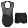 Girls Sparkle Rhinestone Sleeveless Color Block Leotard V Front Waistband Shorts Gymnastics Outfit