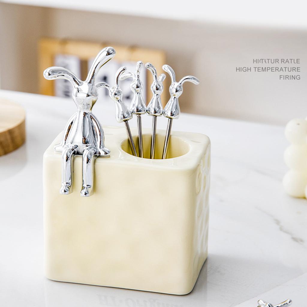 Stainless Steel Fruit Fork Set with Unique Holder Rabbit Dessert Forks Cake Forks Perfect for Home Dining and Parties
