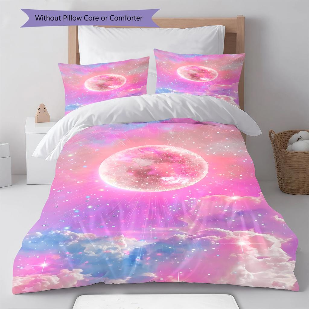 Galaxy Moon Pattern Bedding Quilt Set Quilt Cover Pillowcase Home Decoration Gift (1 * Duvet Cover + 2 * Pillowcase, Without Core)