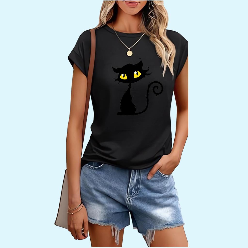 Women Fashion Cat Print T-shirt Sring&summer Casual Ladies Round Collar Tee Shirt