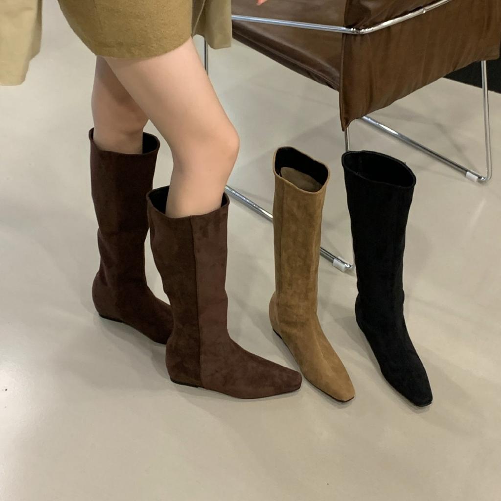 2025 New Square Head Suede But Knee Thin Inner Slope Heel Knight Women's Boots