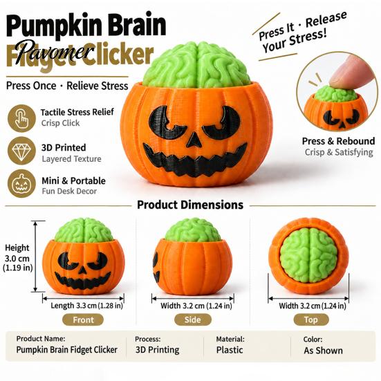 3D Printed Novelty Gift Halloween Pumpkin Stress Relief Toy, Sensory Fidget Realistic PLA Material Toy Soft Rebound Brain Shape Squeeze for
