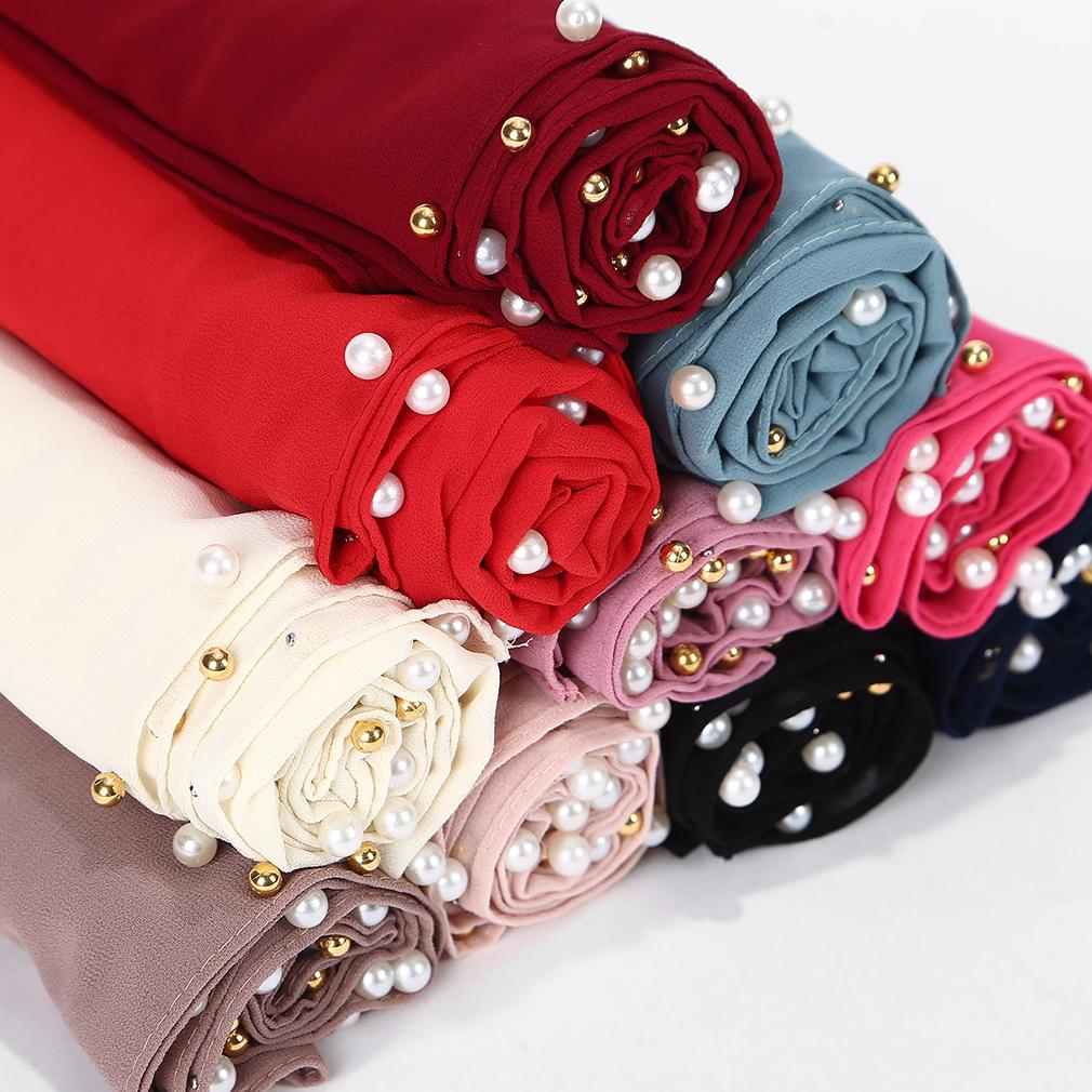 Women's Solid Chiffon Pearl Scarf, Elegant Beaded Hijab Shawl, Muslim Headscarf for Daily/Party