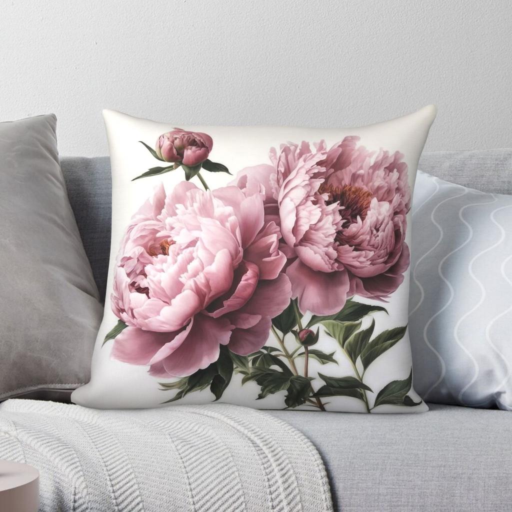 Pink Peonies Floral Pillowcase Polyester Linen Velvet Creative Zip Decorative Sofa Cushion Cover
