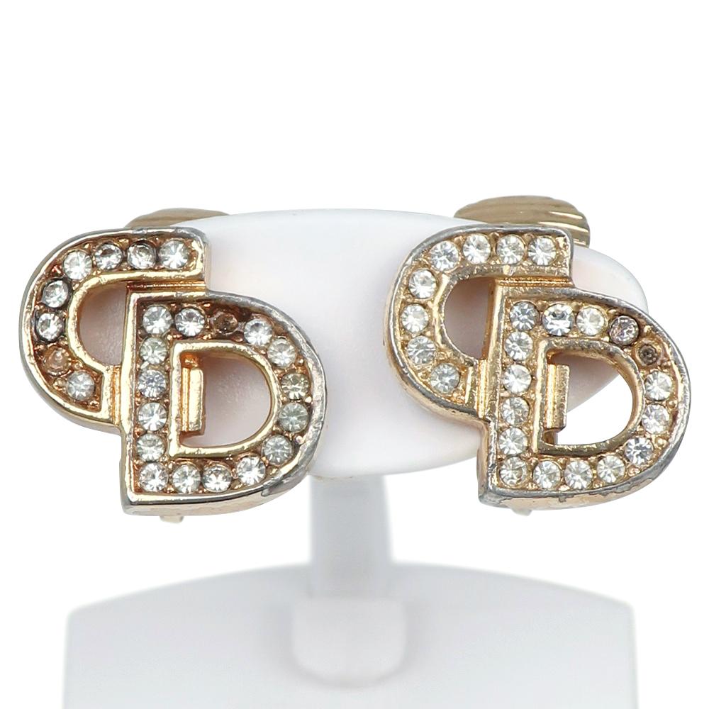 Dior CD Logo Earring Plated Gold/Rhinestone 5g Women Used