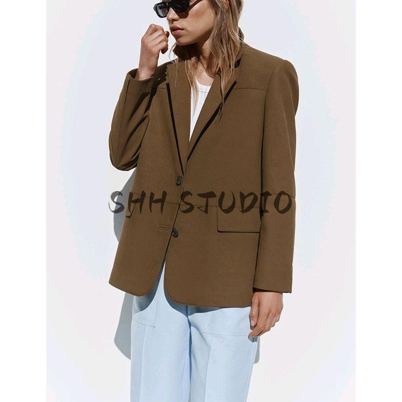 Suit with Padded Shoulder Straight-leg Long Sleeves Lapel Outwear 2518907 Loose Mid Waist Straight-Leg Trousers 2520907