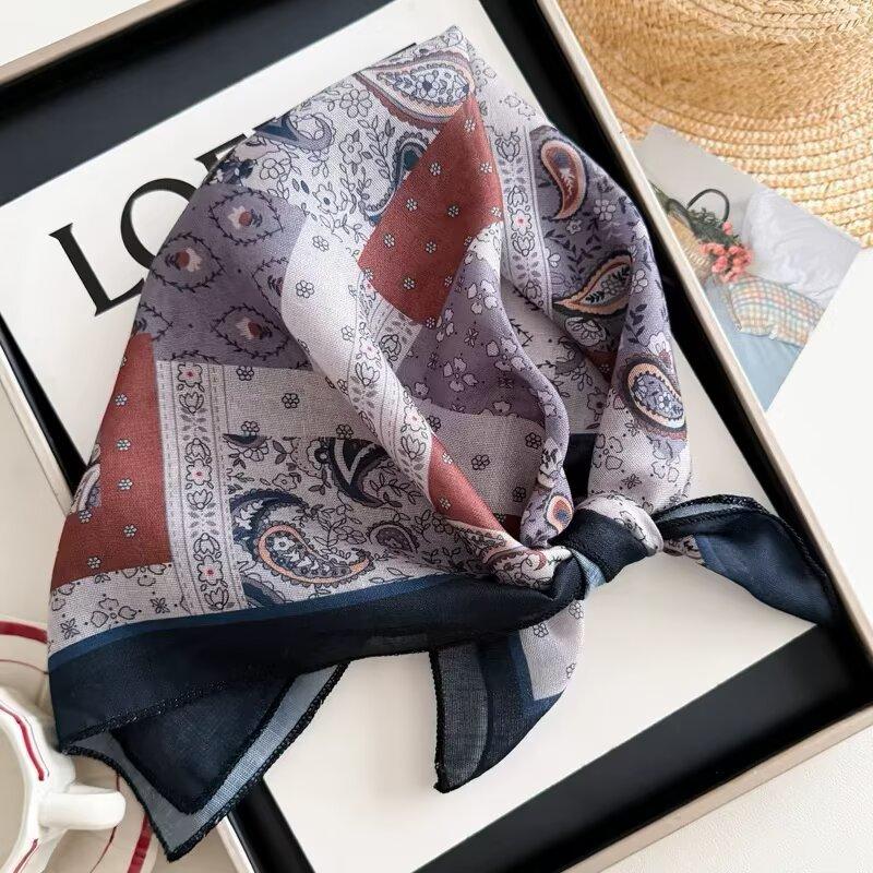 Cotton and linen geometric polka dots retro printed silk scarf women's square scarf high-end shawl sunscreen neck scarf headscarf scarf