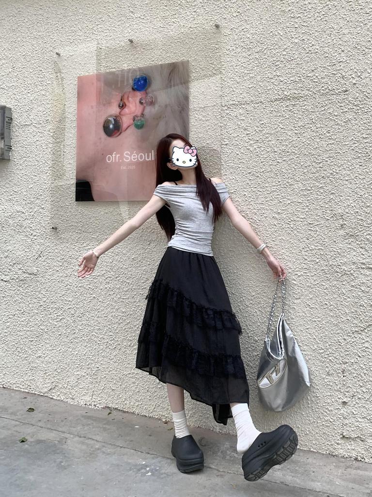 Women's French Patchwork Lace Skirt - Gray, Irregular Harajuku Style for Spring/Summer