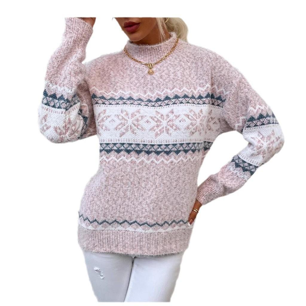 2024 Europäischer & Amerikanischer Damen Herbst/Winter Schneeflocken Halbhoher Kragen Pullover