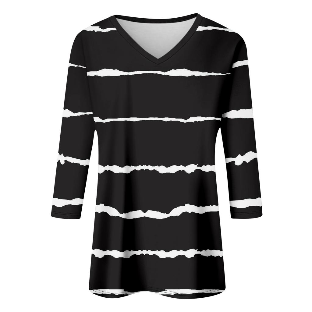 Košile pro dámskou módu Neformální dámské tričko s 3/4 rukávem, výstřihem do V, volným potiskem