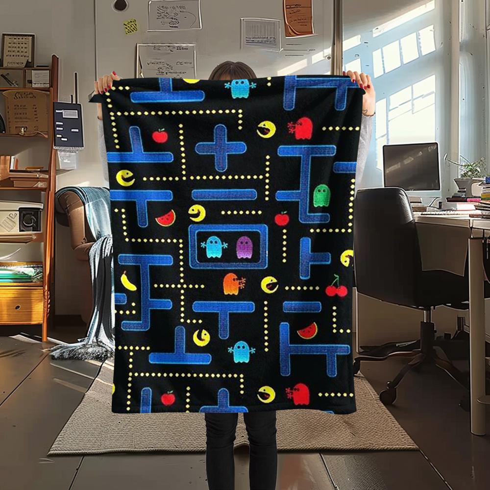 1PC Pac-Man Patterned Flannel Blanket Suitable For All Seasons for Home Decor Warmth and Comfort Gifts Holiday Present