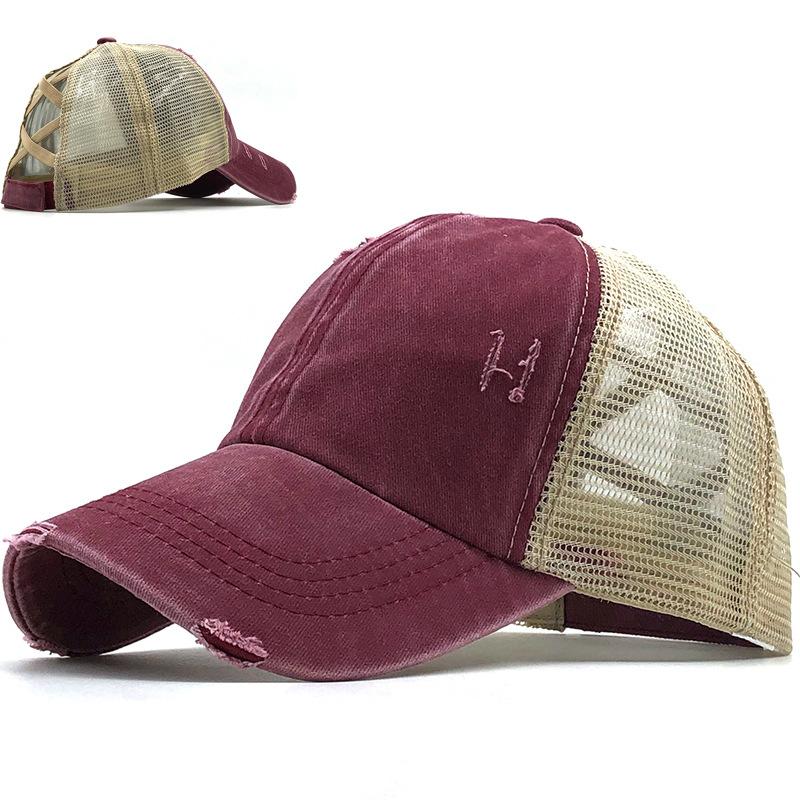 Washed cross ponytail baseball cap hat women's summer spring and autumn old outdoor sunscreen cap solid color cap