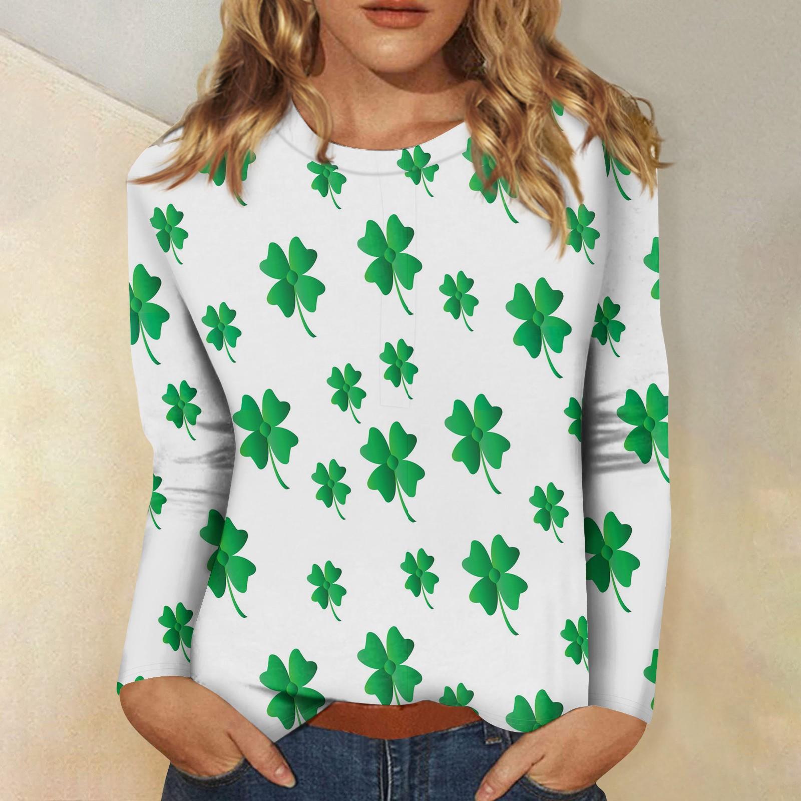 

Женская мода вскользь с длинным рукавом St. Блузка-пуловер с круглым вырезом и принтом ко Дню Святого Патрика L белый