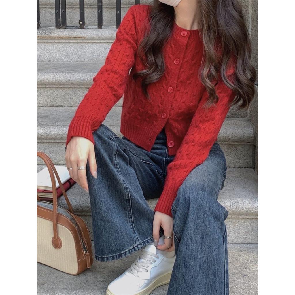 Korean Version College Style Fried Dough Twists Knitting Cardigan Women Gentle Sweet Round Neck Solid Color Knitwear Women Soft Waxy Top Coat