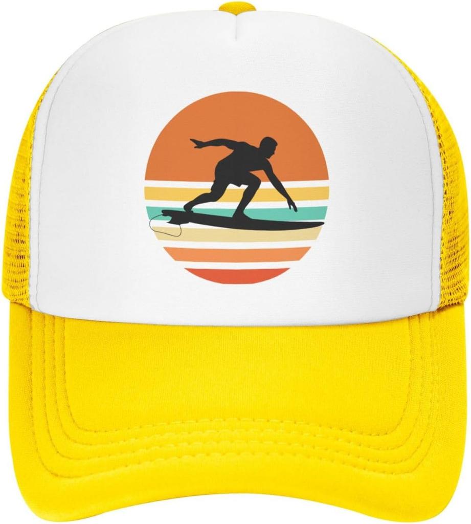 Surfer Sunset Retro Graphic Trucker Hat Polyester Mesh Adjustable Snapback Outdoor Sports Cap for Men Women