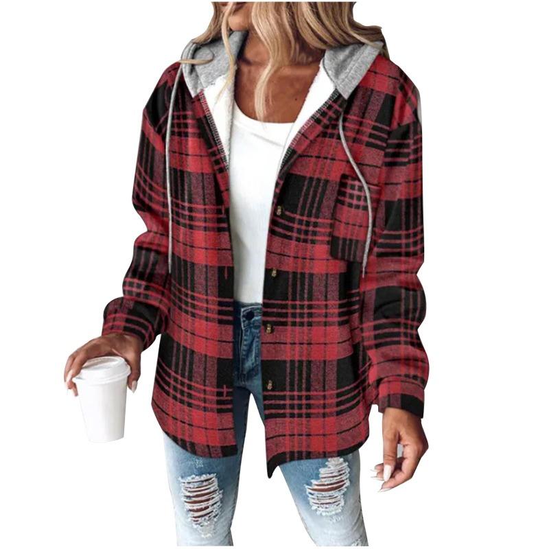 Women S Loose Fit Hooded Long Sleeve Plaid Plush Polyester Coat For Autumn Winter