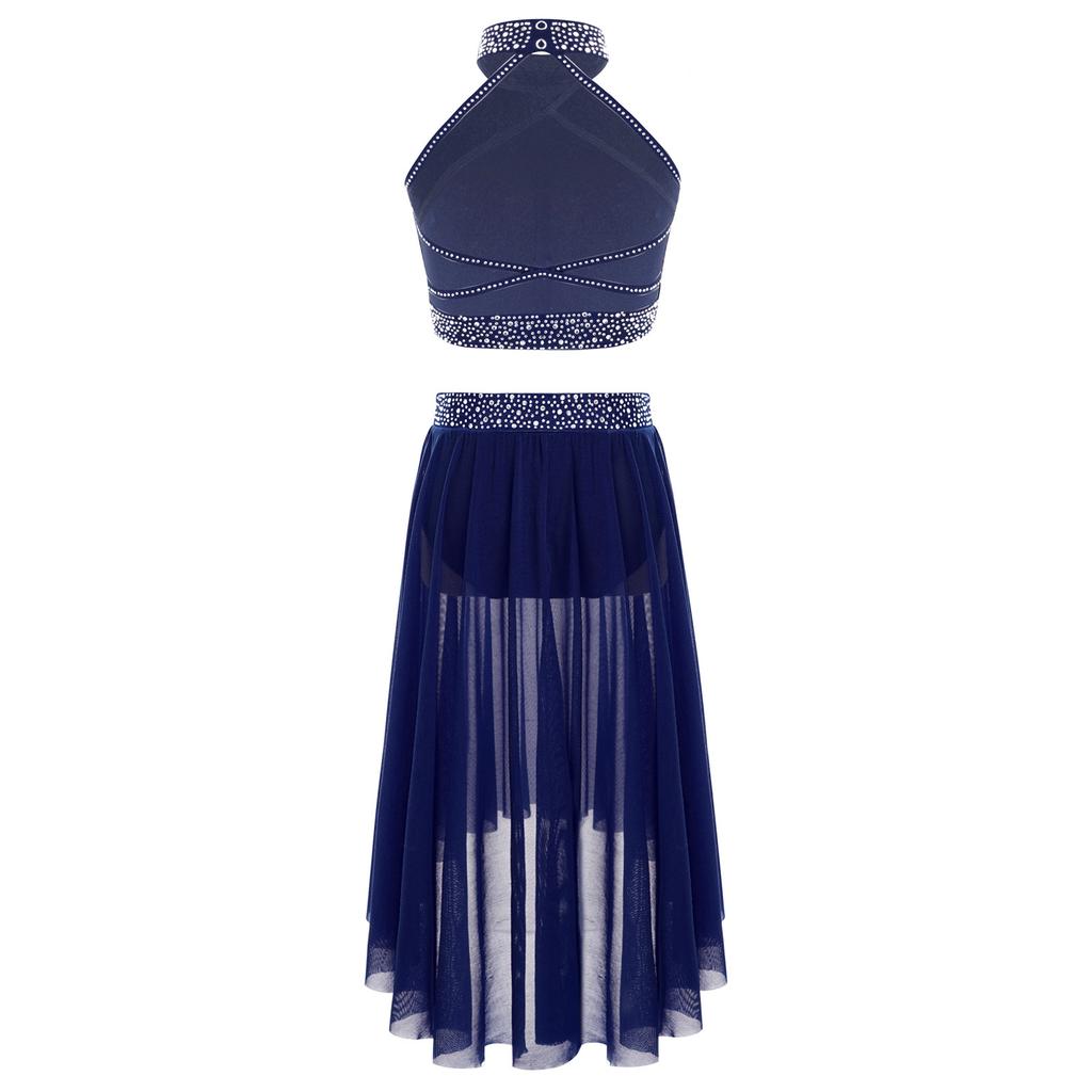 Set Gonna in Rete High-Low con Gilet da Ragazza Scollo all'Americana Senza Maniche Schiena Scoperta Strass