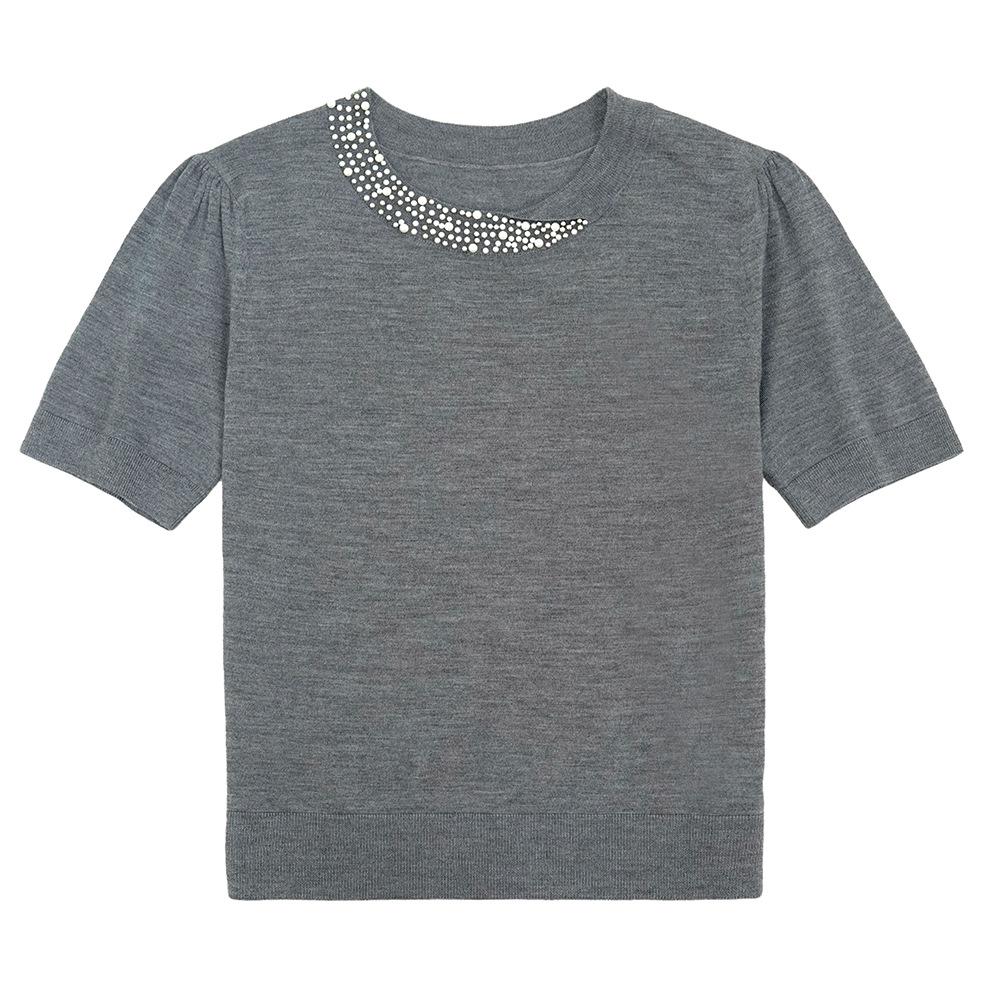Yangtze Fine Spun Wool Beaded Short Sleeve Knitwear - Light Luxury Slimming Round Neck Tee