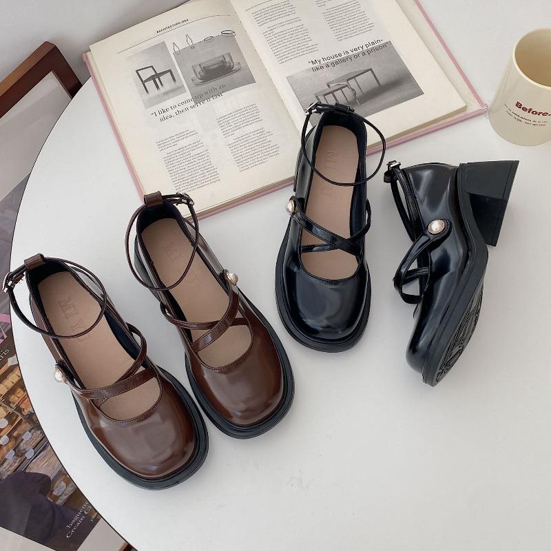 Fashion Women Loafers Retro Brown Mary Jane Shoes Women Pu Leather Thick Heels Lolita Shoes Woman Uniform Pumps Ankle Buckle Heeled Shoe
