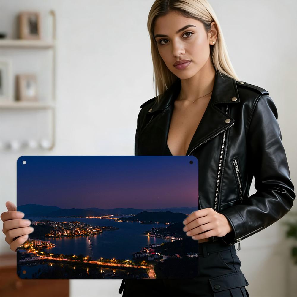 HD Metal Tin Sign Nighttime Coastal Cityscape with Glowing Lights Calm Water and Mountain Backdrop Serene Twilight Landscape Wa 20x30cm（7.8x11.8inch）