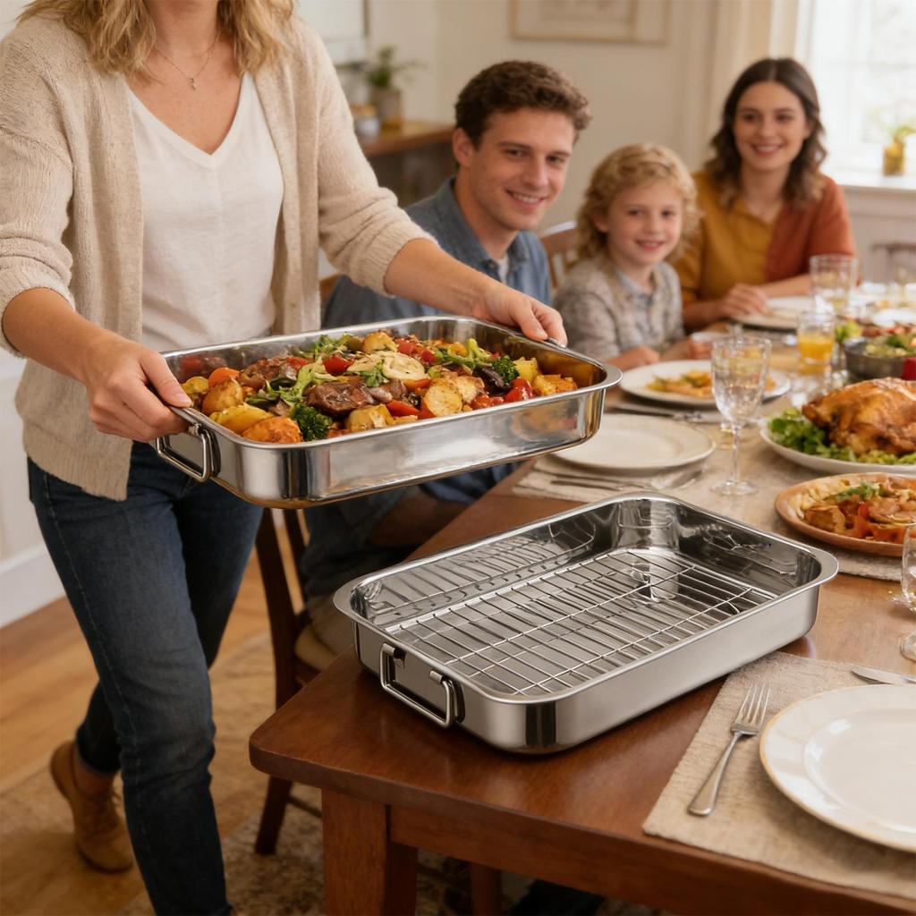 Stainless Steel Roasting Pan with Rack, Large Chicken Turkey Roaster for Oven, Thanksgiving Holiday Dinner Party Essential