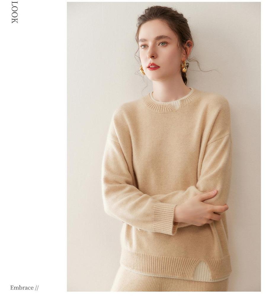 Women's Cashmere Color Block Slit Pullover: Autumn/Winter Thick Two-Piece Knitwear