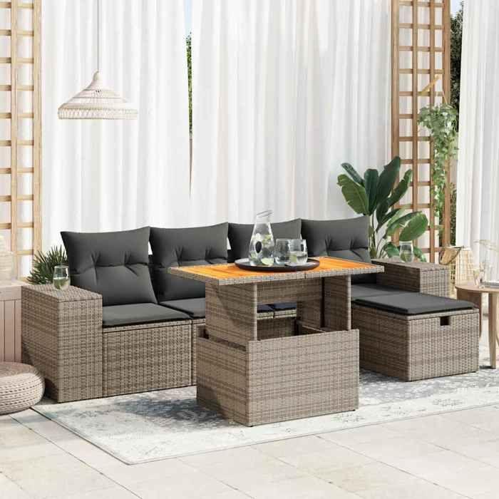 VidaXL Salon de jardin avec coussins 6 pcs gris résine tressée acacia, ensemble de canapés d'extérieur, salon de jardin, 3328082