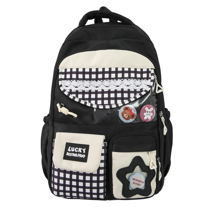 Plaid Backpack Junior High School Student Lightweight Schoolbag Color Block Large Capacity Backpack