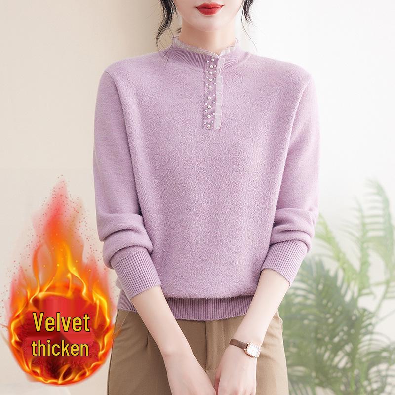 

Элегантный бархатный свитер: Теплый осенне-зимний топ для женщин среднего и пожилого возраста 3XL (130-145 jin) розовый/фиолетовый