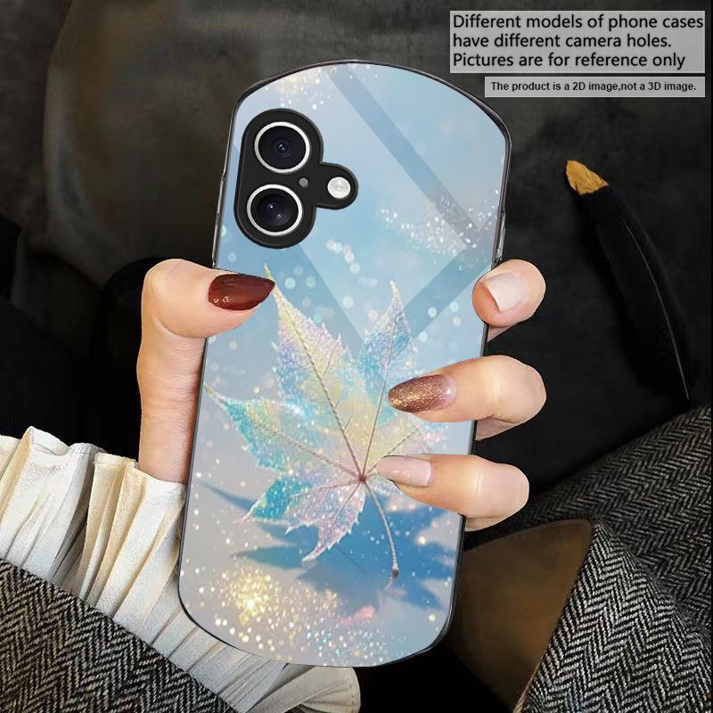 Green Maple Leaf Texture For iPhone 17 16 15 14 Pro 13 Plus 12 mini 11 Pro Max XR X S 7 8 Elliptical Tempered Glass Phone Case