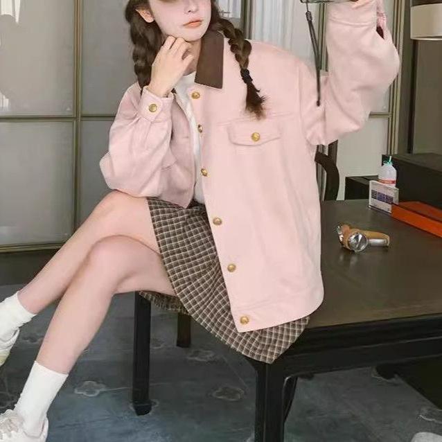 Women's Pink Korean-Style Suede Jacket - Fashionable Spring/Autumn Workwear Design