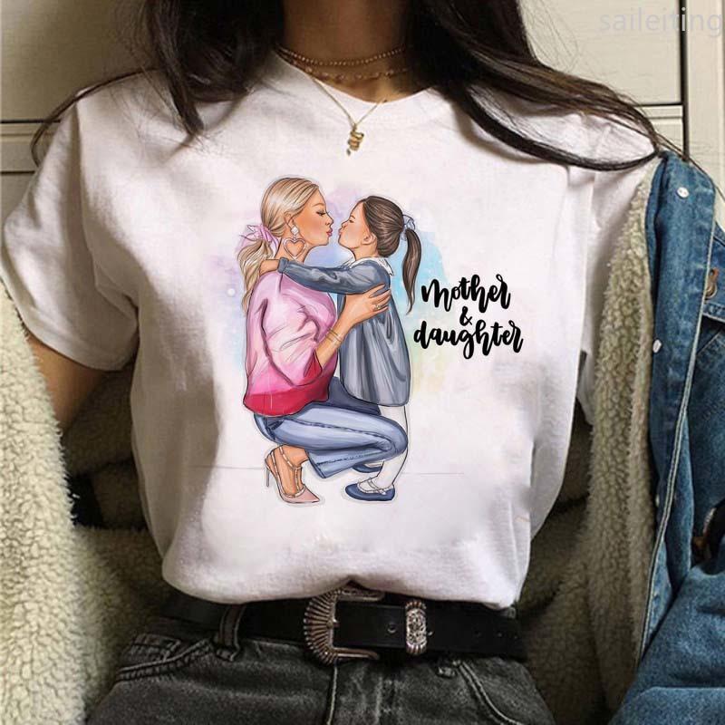 Women T-shirts Cute Mom and Daughter Black Summer Short Sleeve Female Tops Summer Sleeved Harajuku Streetwear Tops Tees