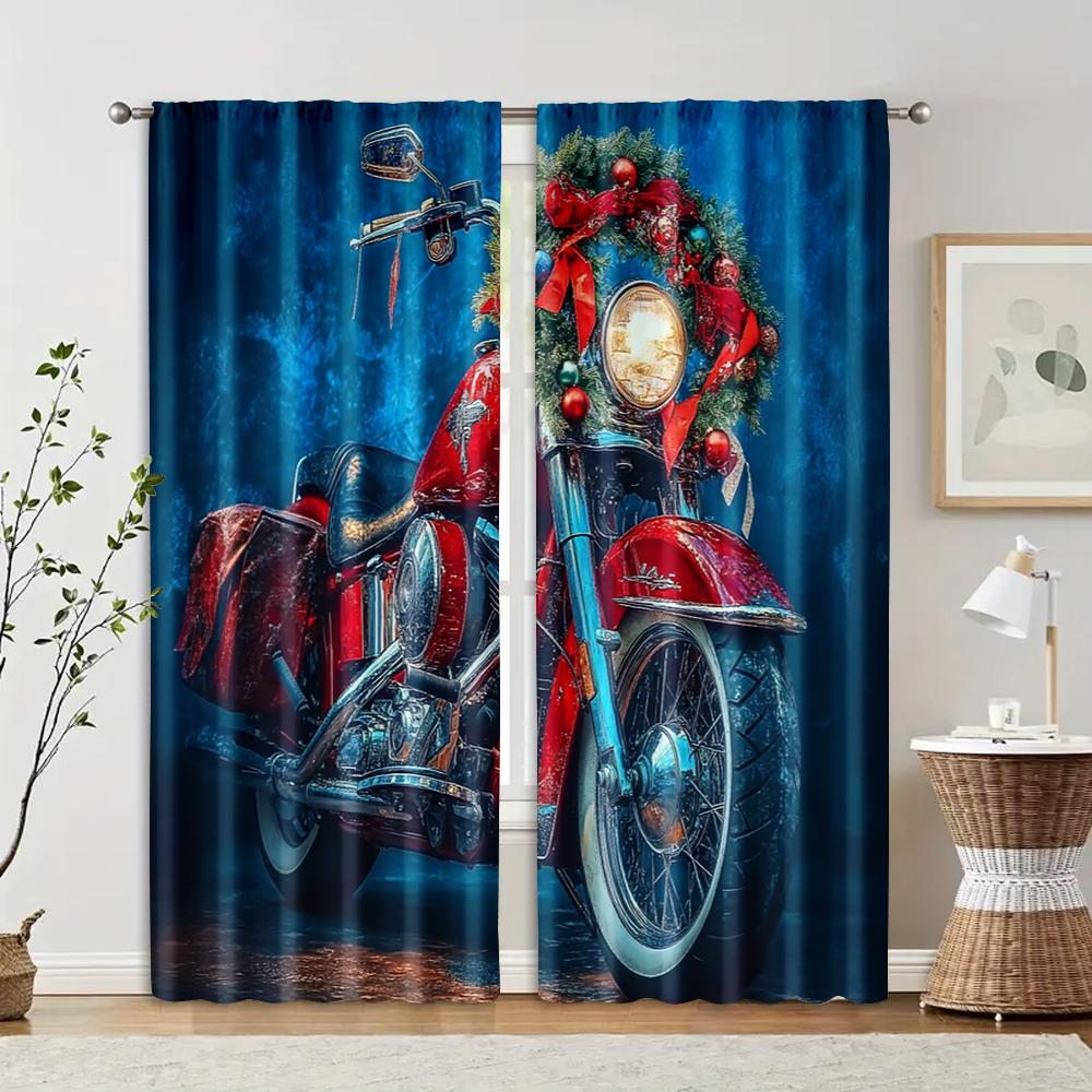 

2 pcs filtering curtains (excluding rods non-movable without batteries) Christmas motorcycle 100*130 Grommet Top 1pcs
