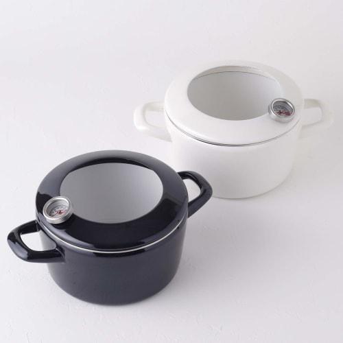Fuji Enamel Tempura Pot with Thermometer, Gas and Induction Compatible, Black, 16cm Round, Mini Fryer, Double-Handled Pot