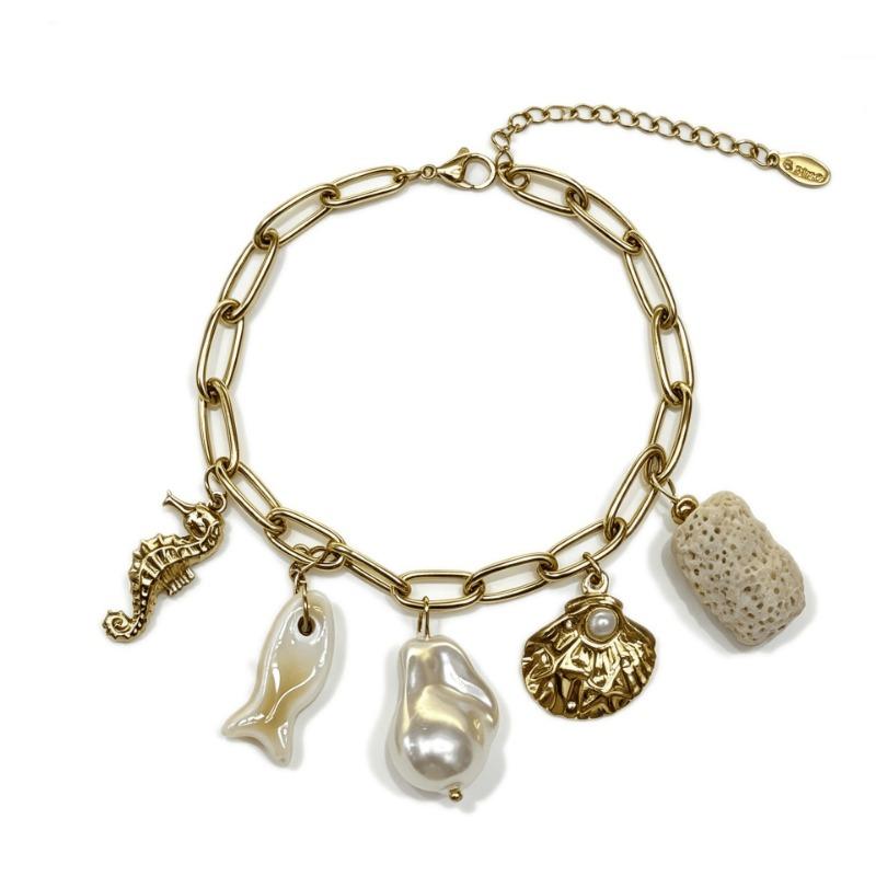 Women S Stainless Steel Gold Plated Boho Bracelet With Fish Starfish Shell Charms