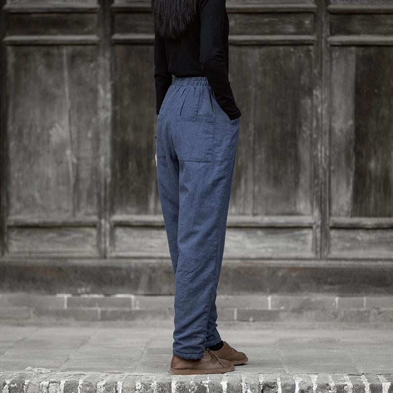 Women's Winter Cotton Linen Patchwork Trousers - Thick, Quilted, & Slimming Ramie Casual Pants