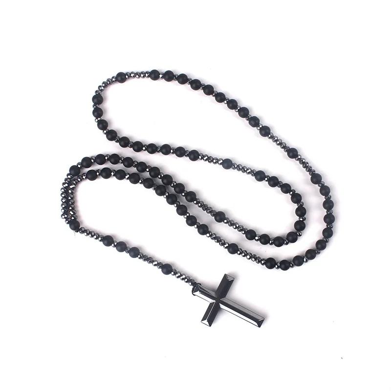 Stone Hematite Cross Car Pendant Catholic Christ Rosary Auto Hanging Meditation Protection Jewelry