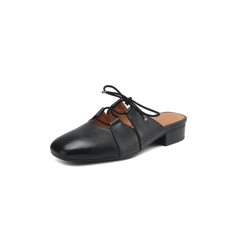 Fashion New Summer Women Mules Genuine Leather Shoes for Women Round Toe Low Heel Shoes Cover Toe Slip-on Women Sandals Retro Slippers