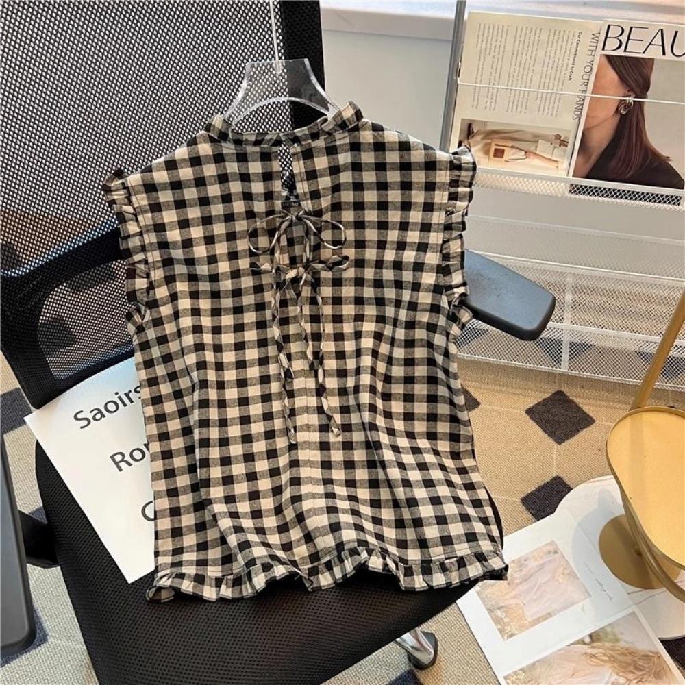 Женский французский ретро клетчатый топ без рукавов - Летний стиль с оборчатым низом и завязками на открытой спине One Size (Premium Quality)