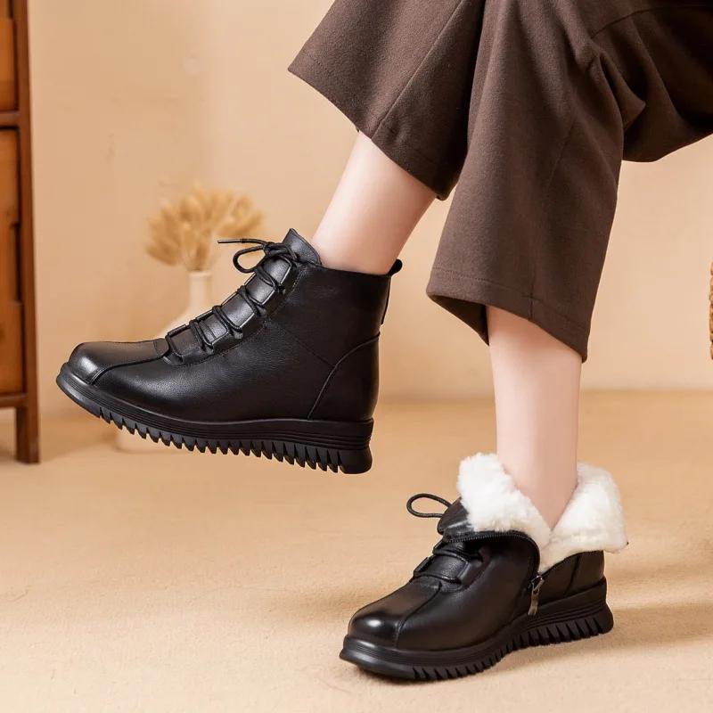New Cow Genuine Leather Snow Boots Women Ankle Booties Platform Wedge Winter Plush Short Boots Mother Shoes for Women
