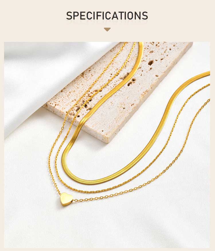 French Chic Layered Stainless Steel Necklace Set for Women, Gold Plated Snake Heart Chain 3-in-1 Tarnish Free Jewelry