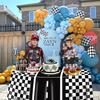Racing Car Tablecloths for Round Table, Plastic Black Racetrack Tablecover for Kid's Birthday Racing Car Theme Party Fast One Two Fast Party, 84 x