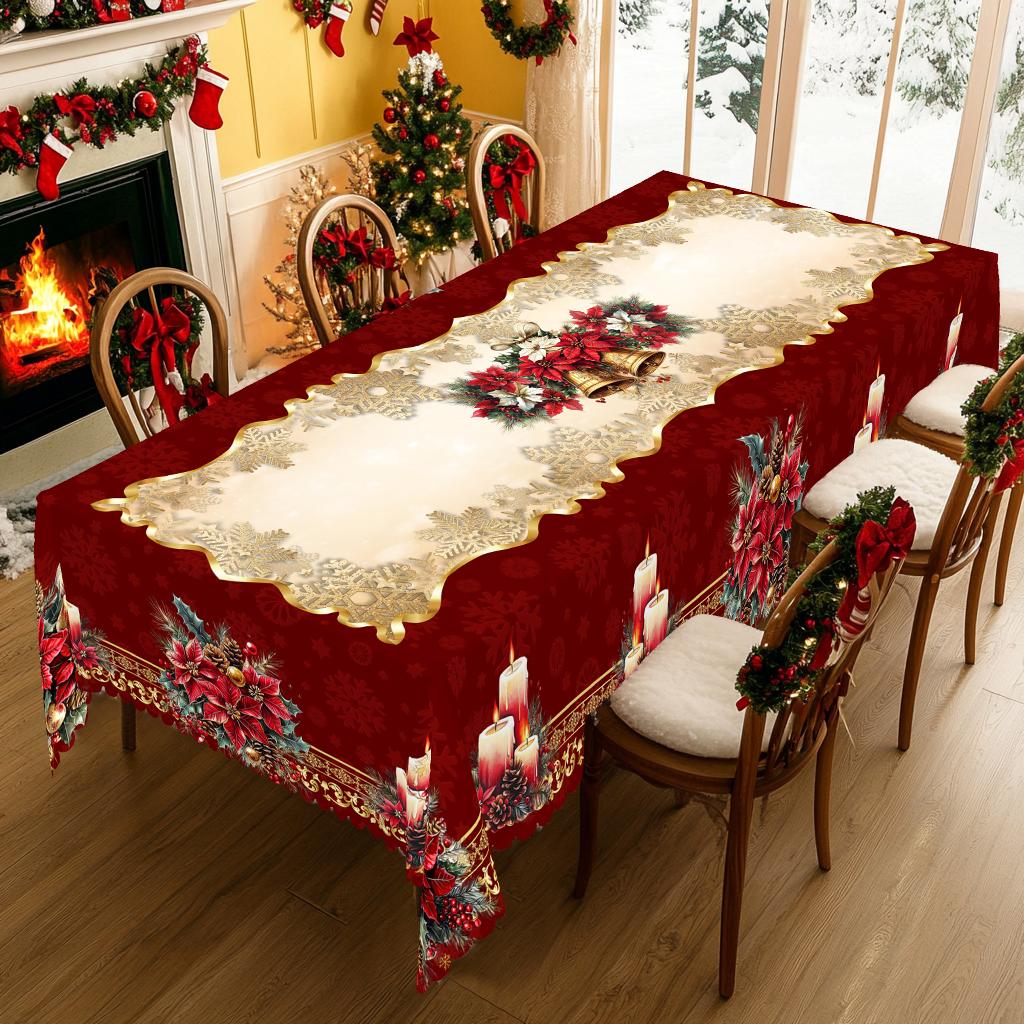 1ks Vintage vínový vánoční ubrus se vzory zvonků a květů poinsettie, vánoční dekorace 2025, dekorace na vánoční večírek