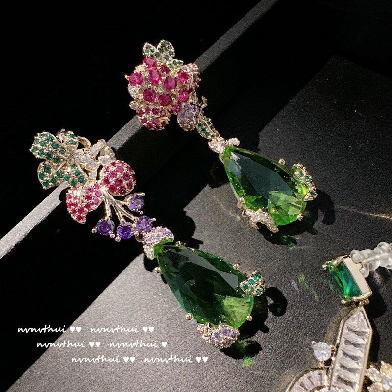 Vine Mermaid Tears Apple Emerald Water Drop Earrings, Lemonade Pear Plated 18K Gold Olive Green Zircon Flower Earrings