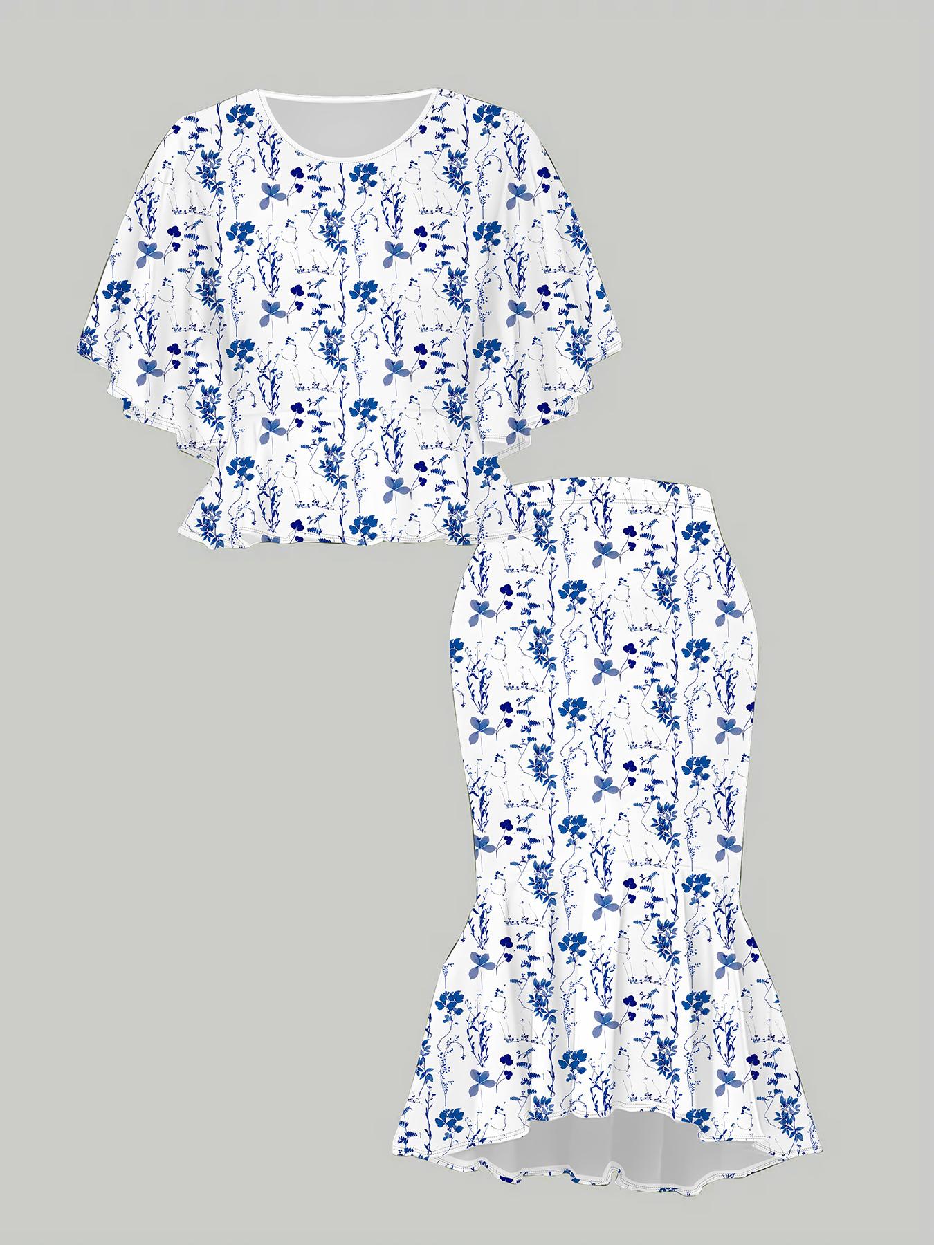 

Классический тотемный женский принт с 3D-цветами, Модный большого размера, Элегантный, Универсальный для всех сезонов. Футболка, Юбка и Комплект 1XL синий