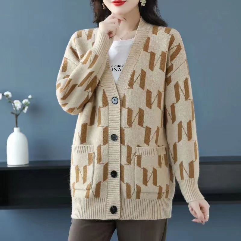 Herbst/Winter Damen Übergröße Strickjacke Pullover V-Ausschnitt Lockere Strickjacke Bedrucktes einreihiges Strickoberteil